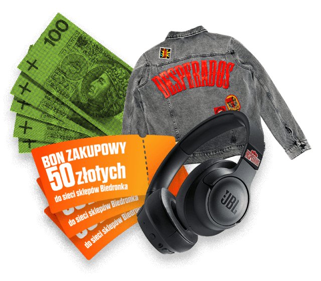 Nagrody - 50 x 500zł, 500 x bon o wysokości 50zł, 10 x kurtki jeans desperados, 20 x słuchawki JBL